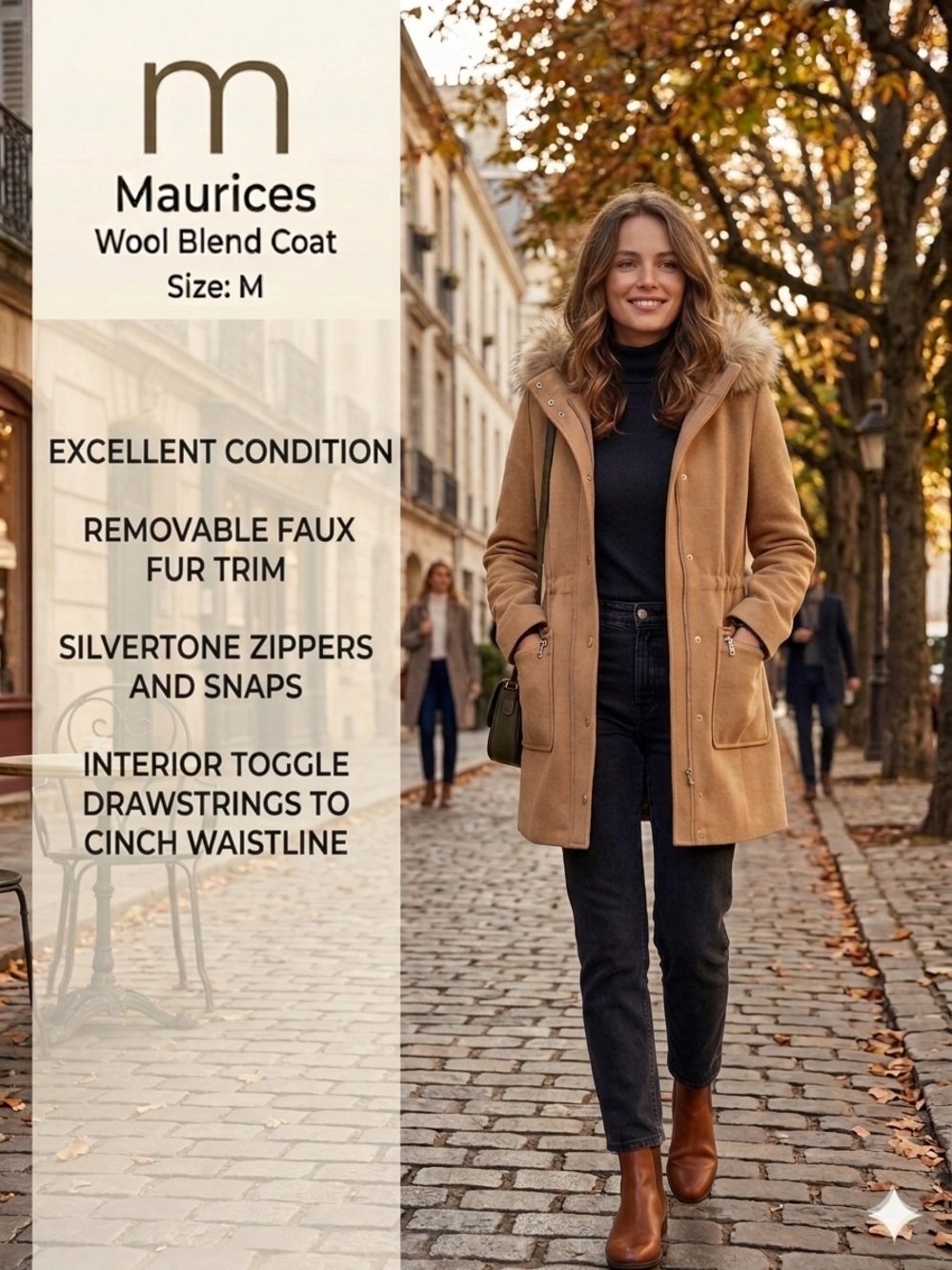 MAURICES Women's Camel Wool Blend Faux Fur Hooded Vail Parka Winter Coat M Med